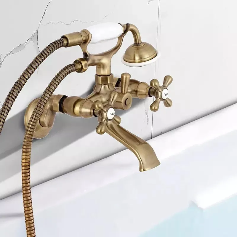 Antique Brass Wall Mount Tub Faucet Mixer Set