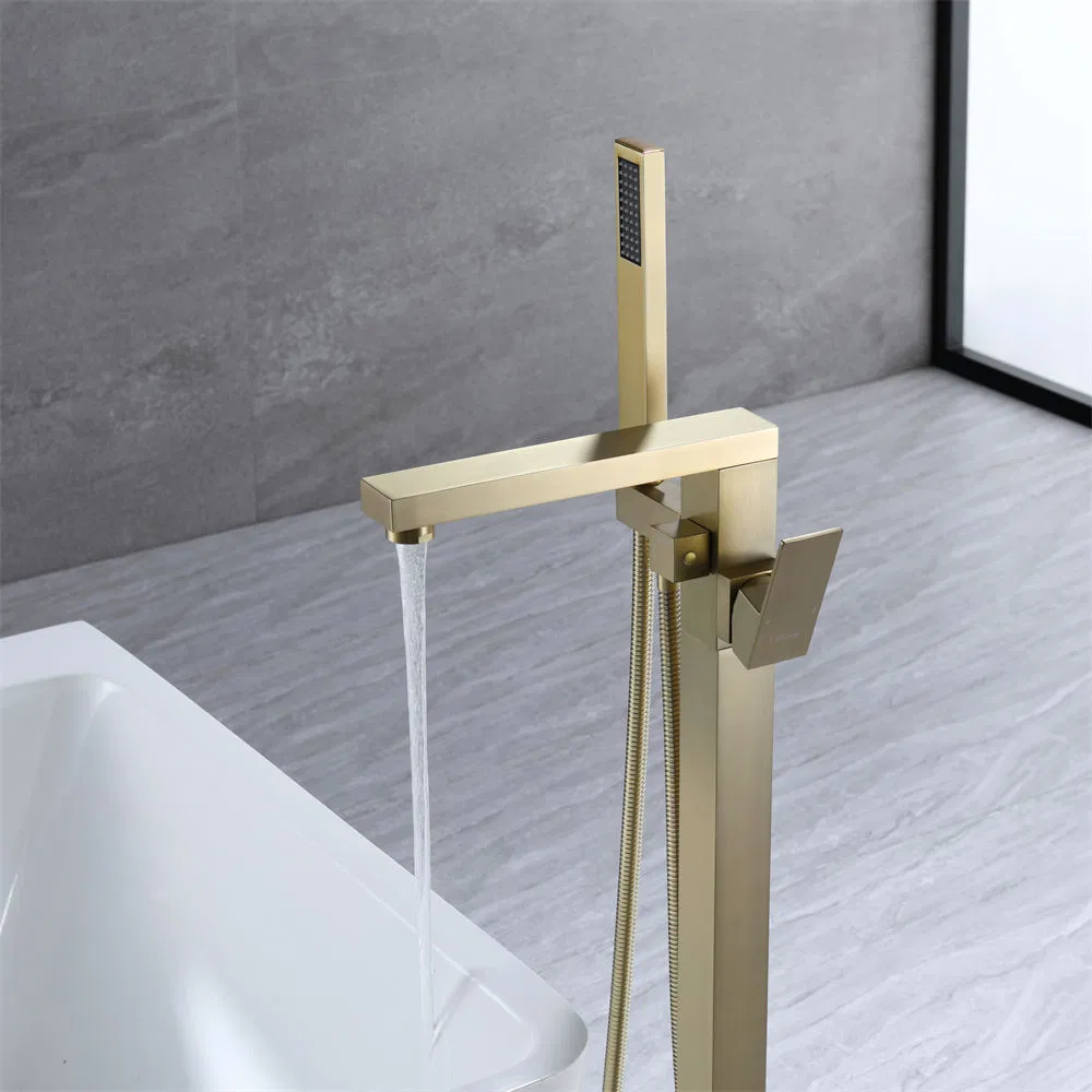 Floor Standing Brushed Gold Brass Tub Faucet Mixer